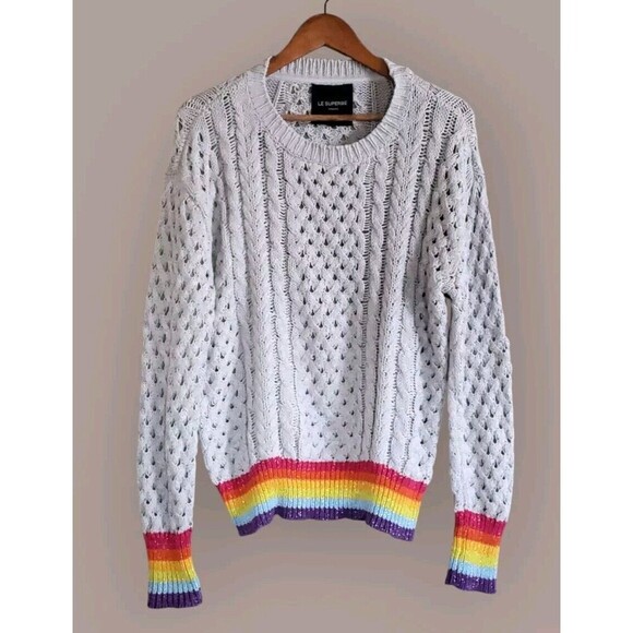 Le Superbe Cashmere Sweater Womens Large Gray Rainbow Sinbad  Cable  Knit - Picture 1 of 7